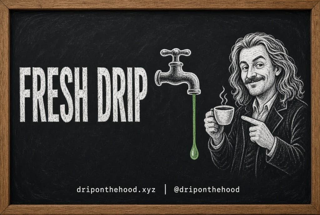 Wood-framed chalkboard. Chalk letters read FRESH DRIP beside a faucet dripping green. A long-haired man with a mustache holds a cup and points at the drip. The rail reads driponthehood.xyz and @driponthehood.