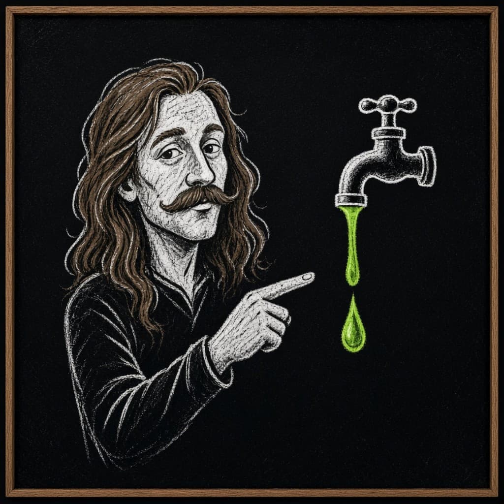 Chalk portrait on a black board. A long-haired man with a mustache points at a faucet dripping bright green.
